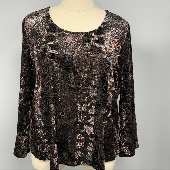 TRIBAL Plus Size 3X Velvet Burnout Top Bell Sleeves Brown Black Floral Whimsy - Picture 1 of 8